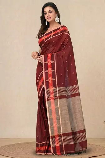 red ethnic motifs cotton blend handspun soft saree