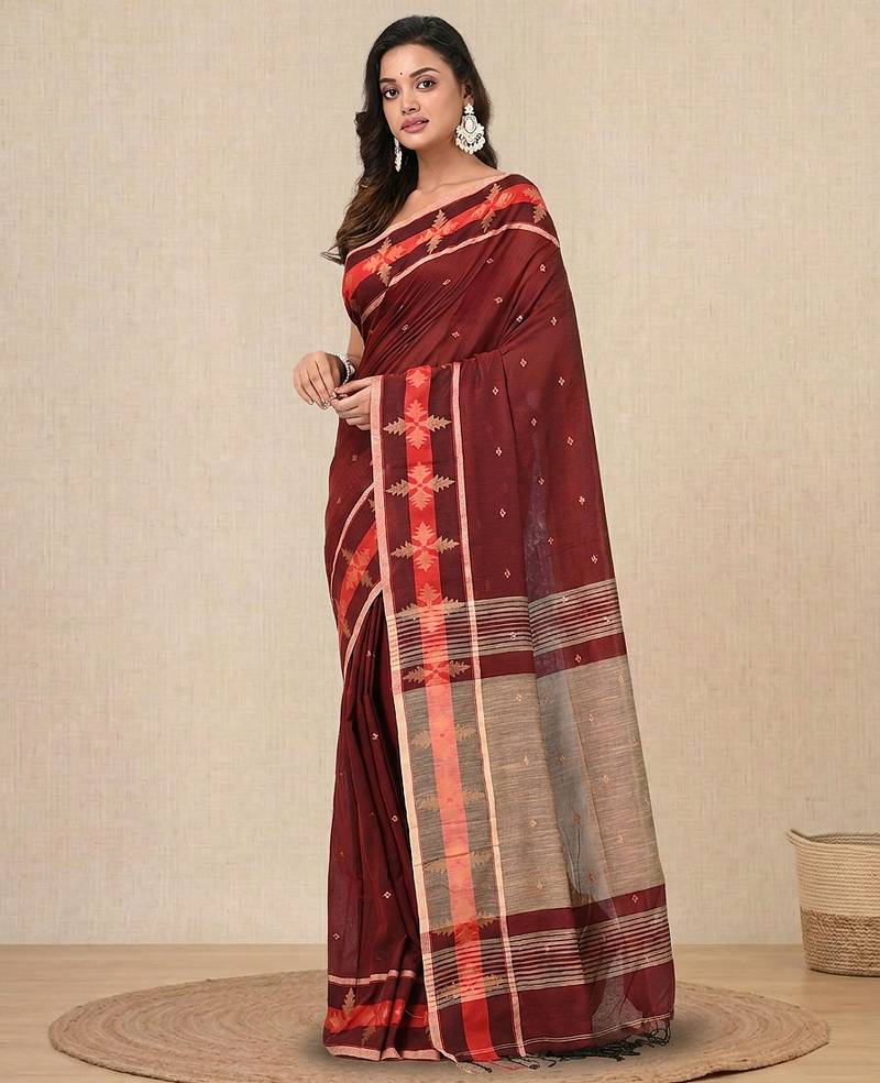 red ethnic motifs cotton blend handspun soft saree