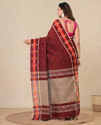 red ethnic motifs cotton blend handspun soft saree 3