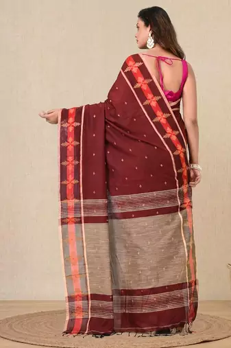 red ethnic motifs cotton blend handspun soft saree