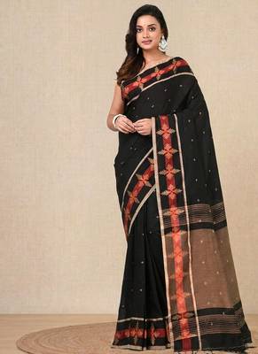 black ethnic motifs cotton blend handspun soft saree 1