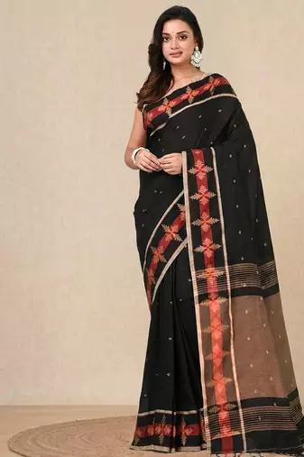 black ethnic motifs cotton blend handspun soft saree