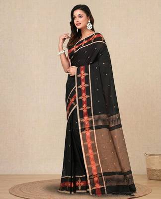 black ethnic motifs cotton blend handspun soft saree 2