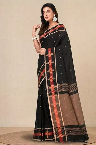 black ethnic motifs cotton blend handspun soft saree
