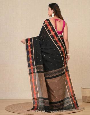 black ethnic motifs cotton blend handspun soft saree 3