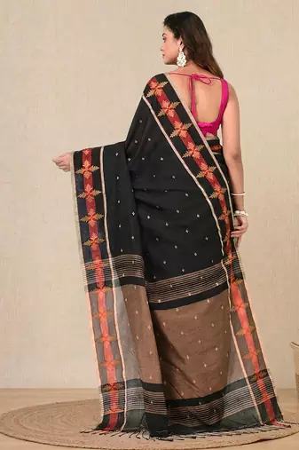black ethnic motifs cotton blend handspun soft saree
