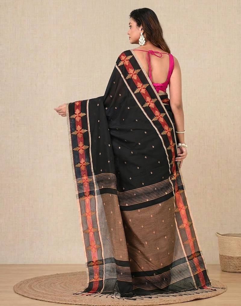 black ethnic motifs cotton blend handspun soft saree