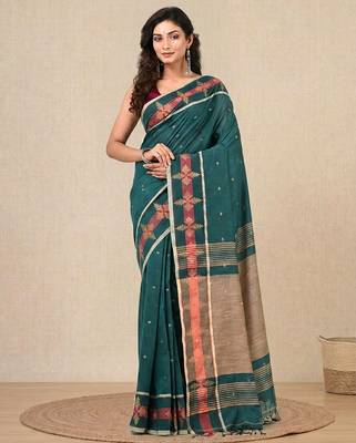 teal ethnic motifs cotton blend handspun soft saree 1
