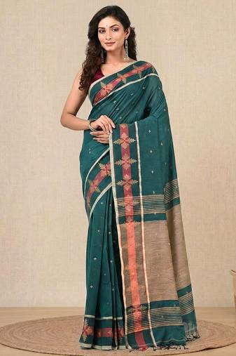 teal ethnic motifs cotton blend handspun soft saree