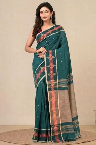 teal ethnic motifs cotton blend handspun soft saree
