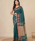 teal ethnic motifs cotton blend handspun soft saree