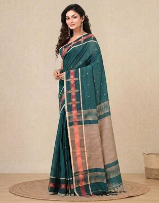 teal ethnic motifs cotton blend handspun soft saree 2