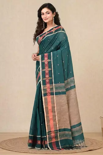 teal ethnic motifs cotton blend handspun soft saree