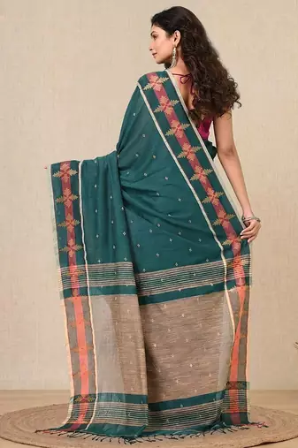 teal ethnic motifs cotton blend handspun soft saree
