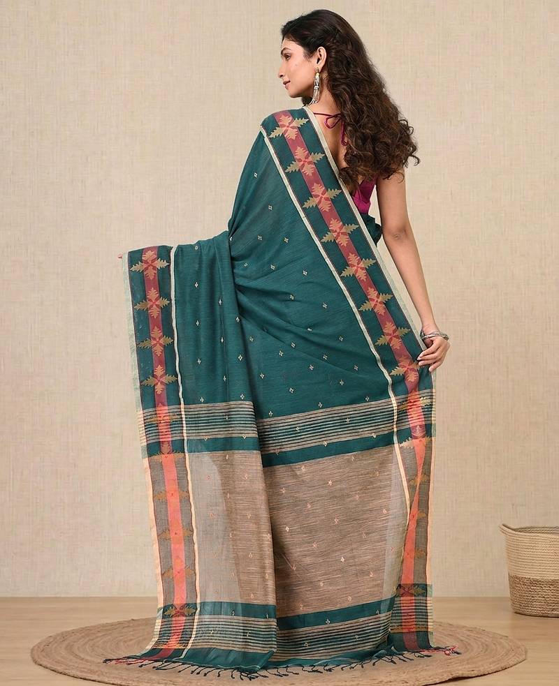 teal ethnic motifs cotton blend handspun soft saree