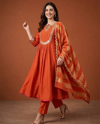 Embroidered Chanderi Flared Kurta Pant and Dupatta Set 1