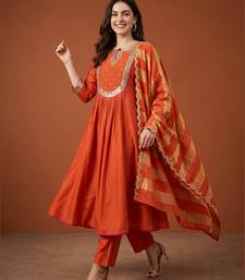 Embroidered Chanderi Flared Kurta Pant and Dupatta Set