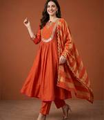 Embroidered Chanderi Flared Kurta Pant and Dupatta Set