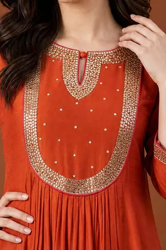 Embroidered Chanderi Flared Kurta Pant and Dupatta Set