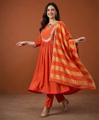 Embroidered Chanderi Flared Kurta Pant and Dupatta Set 3