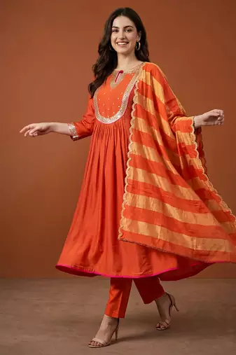 Embroidered Chanderi Flared Kurta Pant and Dupatta Set