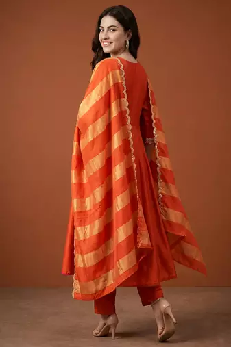 Embroidered Chanderi Flared Kurta Pant and Dupatta Set
