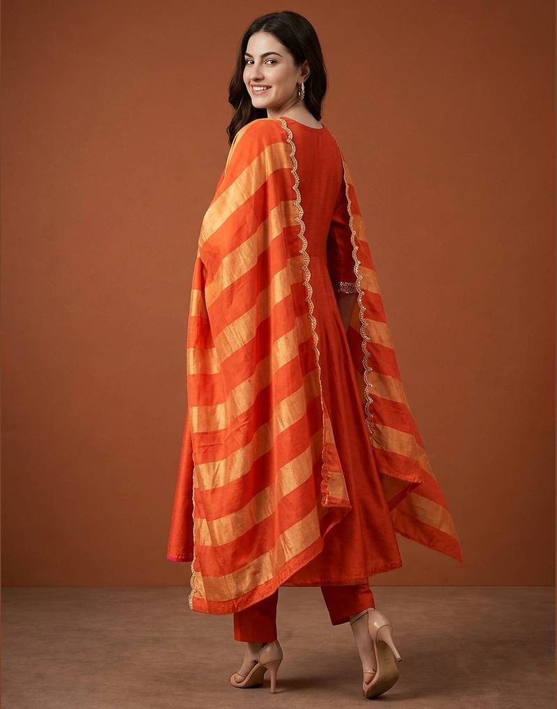 Embroidered Chanderi Flared Kurta Pant and Dupatta Set