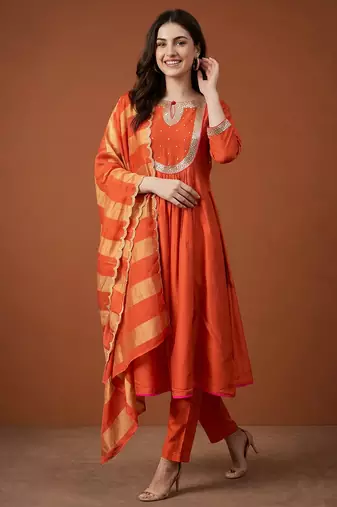 Embroidered Chanderi Flared Kurta Pant and Dupatta Set