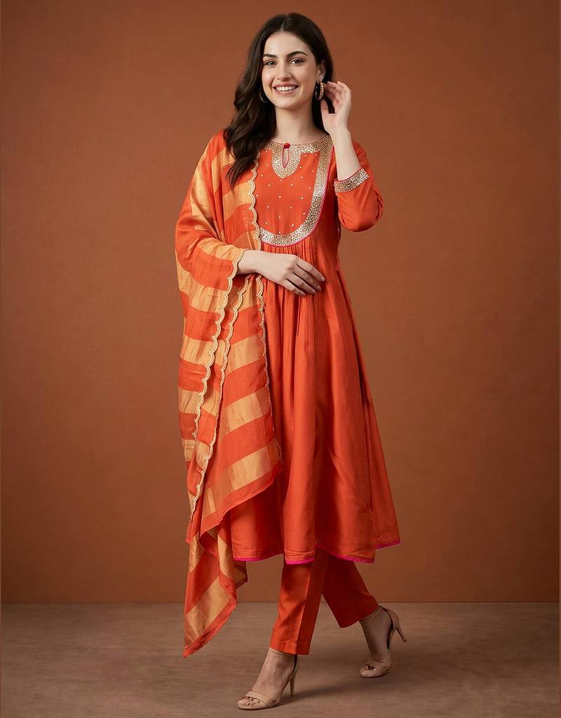 Embroidered Chanderi Flared Kurta Pant and Dupatta Set