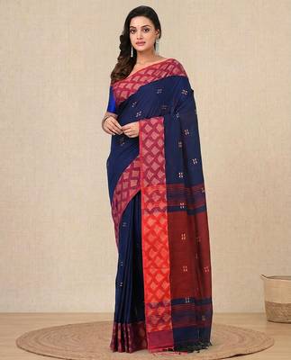 navy blue geometric motifs cotton blend handspun soft saree 1