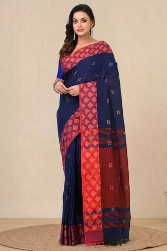 navy blue geometric motifs cotton blend handspun soft saree