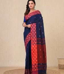 navy blue geometric motifs cotton blend handspun soft saree