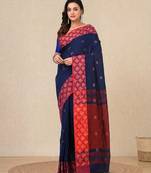 navy blue geometric motifs cotton blend handspun soft saree