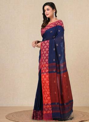 navy blue geometric motifs cotton blend handspun soft saree 2