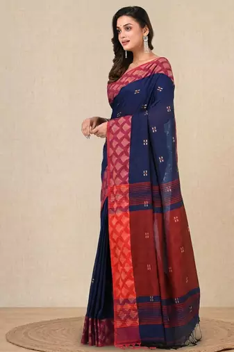 navy blue geometric motifs cotton blend handspun soft saree