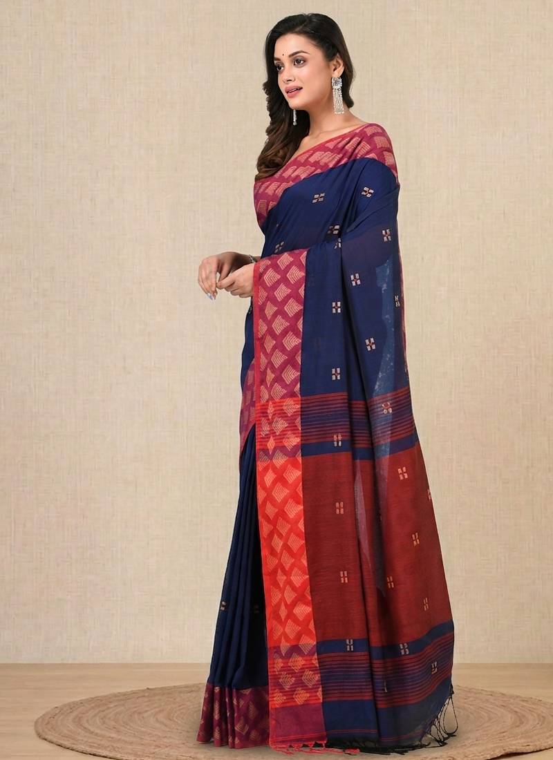navy blue geometric motifs cotton blend handspun soft saree