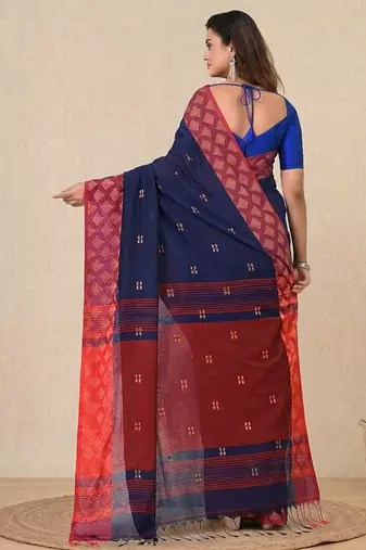 navy blue geometric motifs cotton blend handspun soft saree