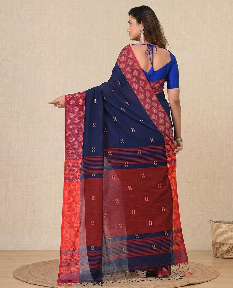 navy blue geometric motifs cotton blend handspun soft saree