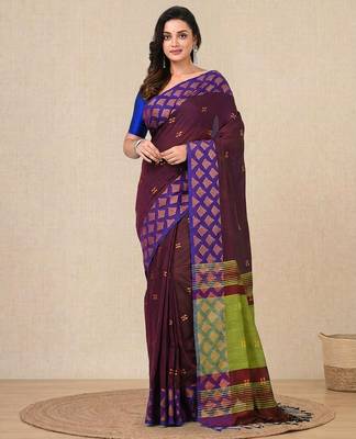 purple geometric motifs cotton blend handspun soft saree 1