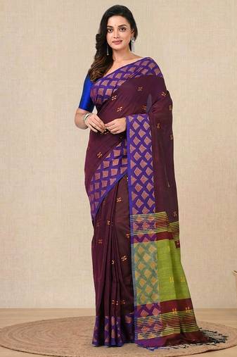 purple geometric motifs cotton blend handspun soft saree