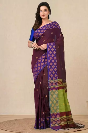 purple geometric motifs cotton blend handspun soft saree