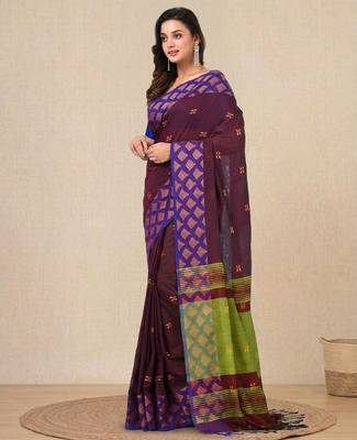 purple geometric motifs cotton blend handspun soft saree 2