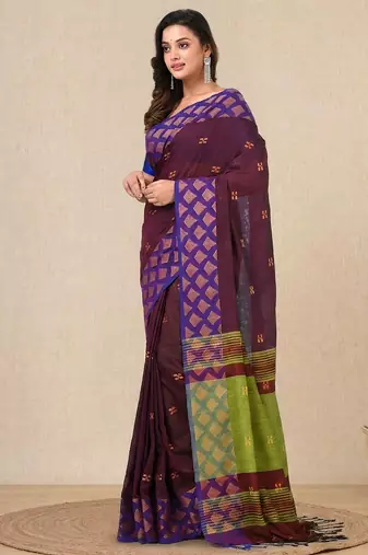 purple geometric motifs cotton blend handspun soft saree
