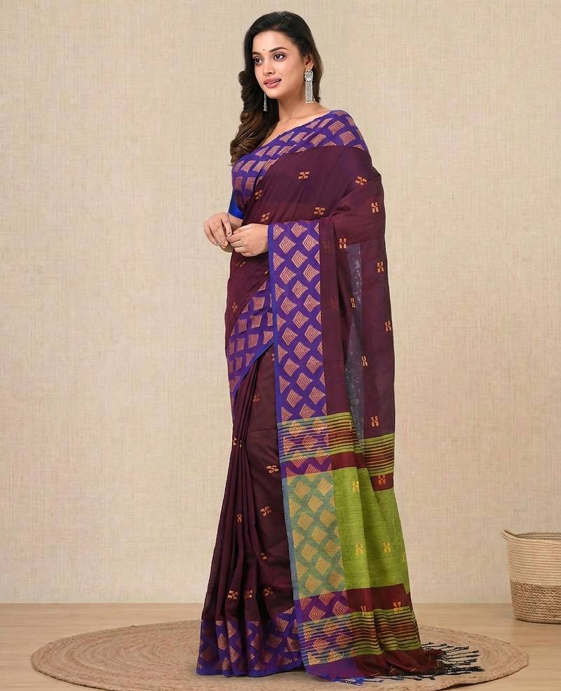 purple geometric motifs cotton blend handspun soft saree