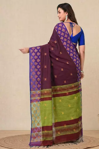 purple geometric motifs cotton blend handspun soft saree