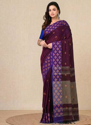 purple geometric motifs cotton blend handspun soft saree 1
