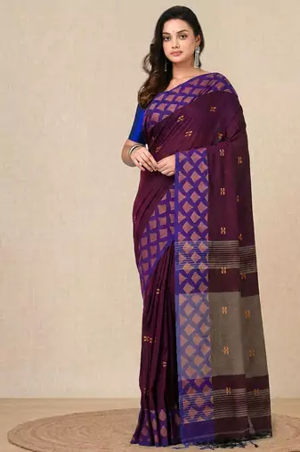 purple geometric motifs cotton blend handspun soft saree