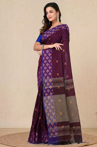 purple geometric motifs cotton blend handspun soft saree