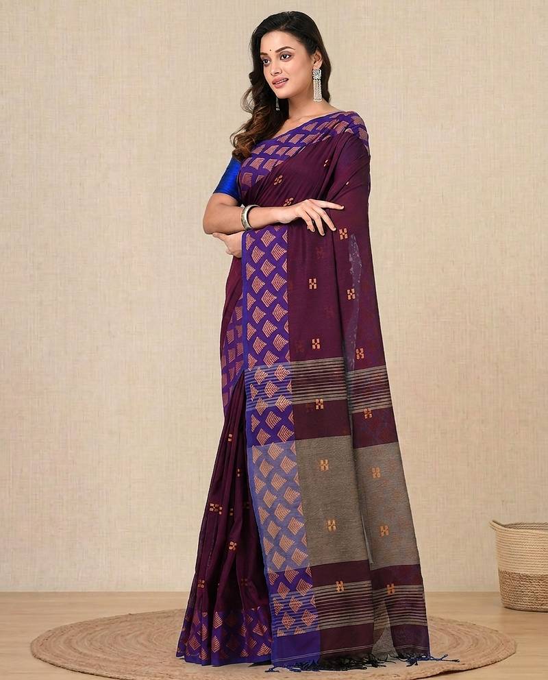 purple geometric motifs cotton blend handspun soft saree