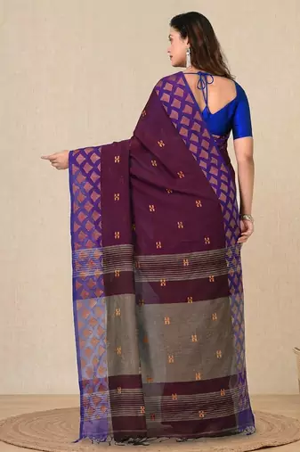 purple geometric motifs cotton blend handspun soft saree
